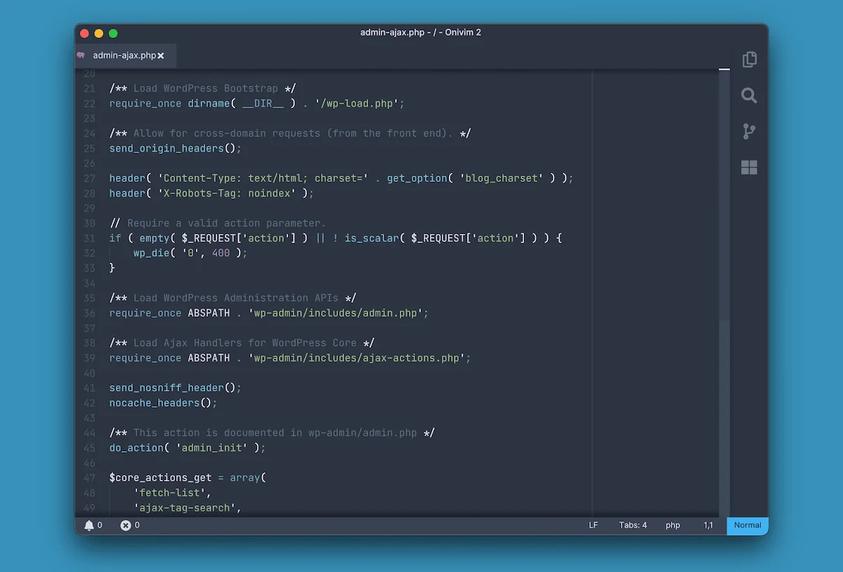 A code editor window displaying PHP code for a WordPress admin-ajax.php file. The code includes comments and functions for loading WordPress bootstrap code, handling cross-domain requests, setting headers, and loading WordPress administration APIs and Ajax handlers. The editor has a dark theme with light blue syntax highlighting.