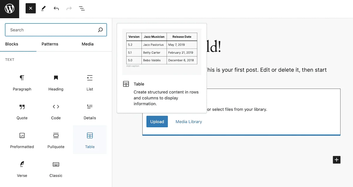 The WordPress Block Editor interface. On the left side is a sidebar with various Block options such as Paragraph, Heading, List, and Table. The main content area shows a Table Block with version numbers and release dates for WordPress, along with options to upload media or access the media library. The interface has a clean, modern design with a white background.