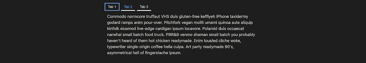 A GIF of a HTMX tabbed interface with three tabs labeled "Tab 1", "Tab 2", and "Tab 3". The user flicks between each tab, which displays different paragraphs of placeholder ‘Lorem Ipsum’ text. The interface has a dark background with white text, giving it a sleek, modern appearance.