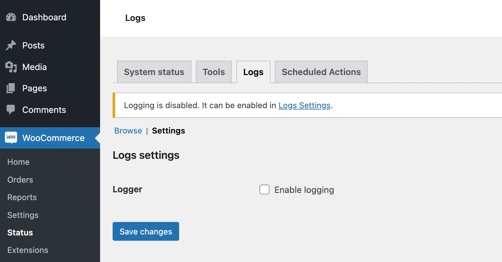 how to enable logging in WooCommerce