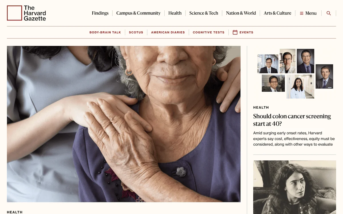 The Harvard Gazette home page, showing a large hero image of an older woman, and a sidebar of current news articles, complete with featured images.