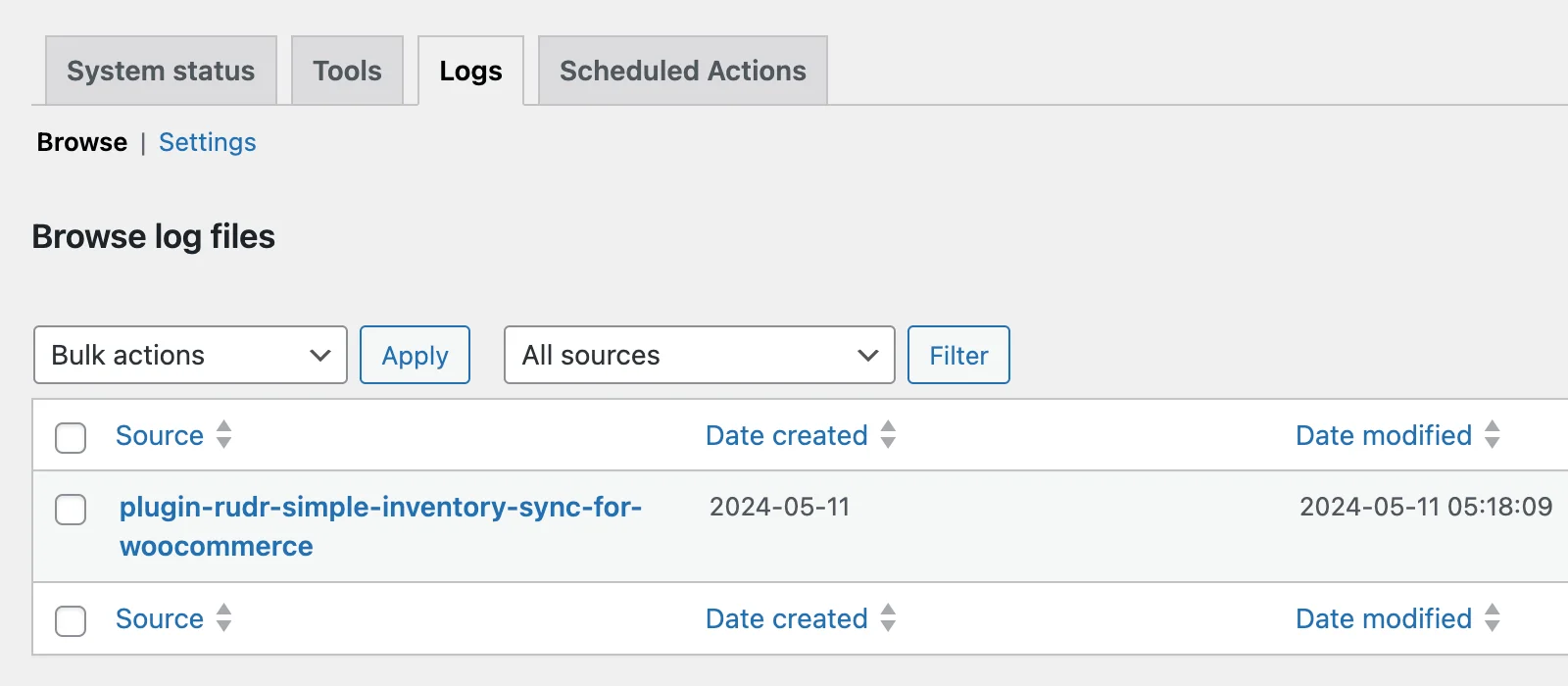 a debug log file in WooCommerce logs