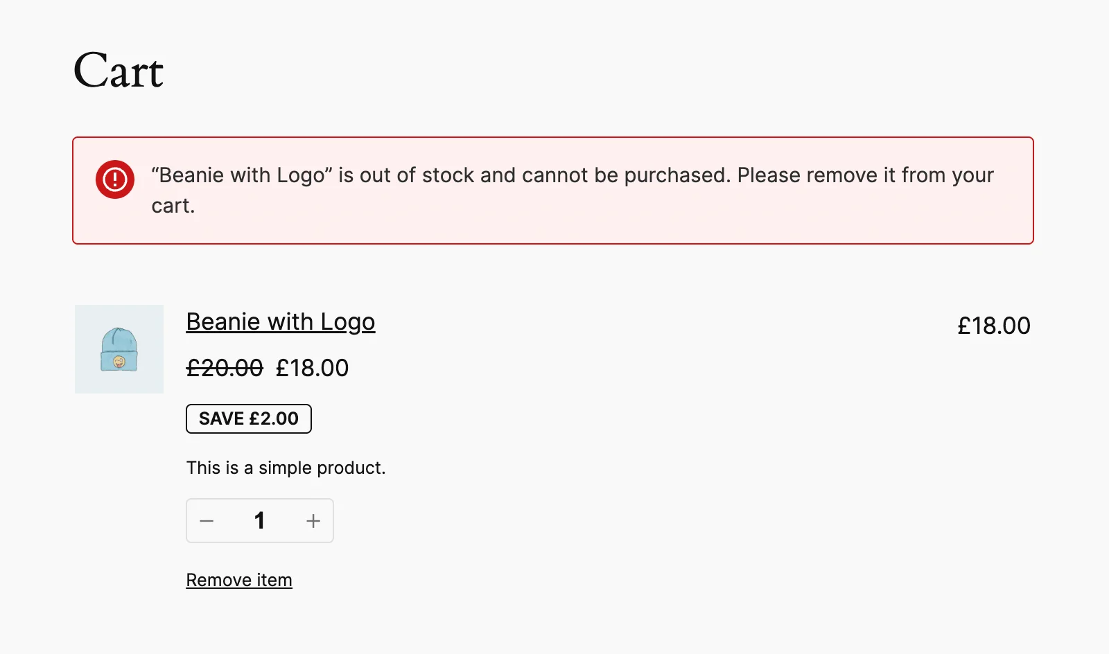 Product out of stock error message in the cart in WooCommerce