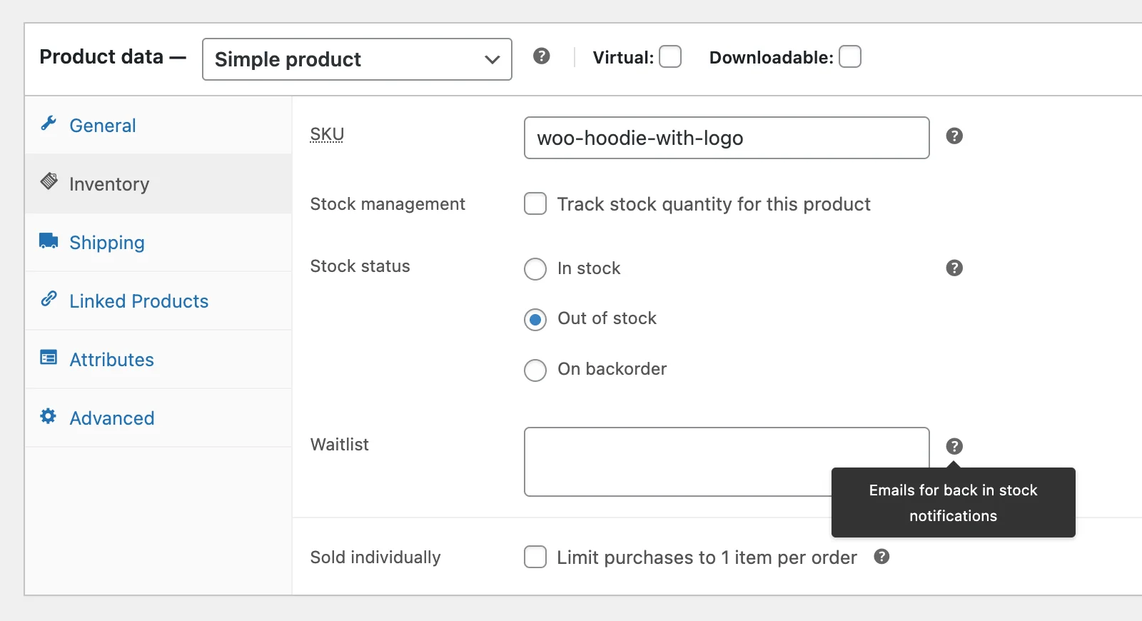 Creating a custom field on edit product pages in WooCommerce for emails which are registered for back in stock notifications